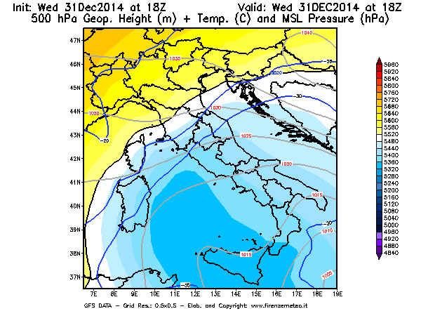 Mappa di analisi GFS - Geopotenziale [m] + Temp. [°C] a 500 hPa + Press. a livello del mare [hPa] in Italia
							del 31/12/2014 18 <!--googleoff: index-->UTC<!--googleon: index-->