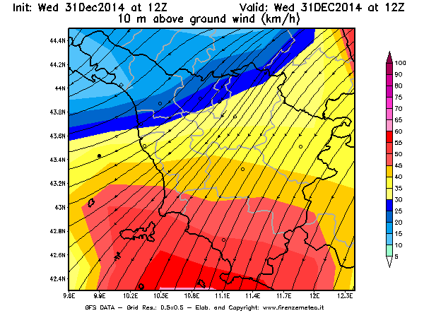 Mappa di analisi GFS - Velocità del vento a 10 metri dal suolo [km/h] in Toscana
							del 31/12/2014 12 <!--googleoff: index-->UTC<!--googleon: index-->