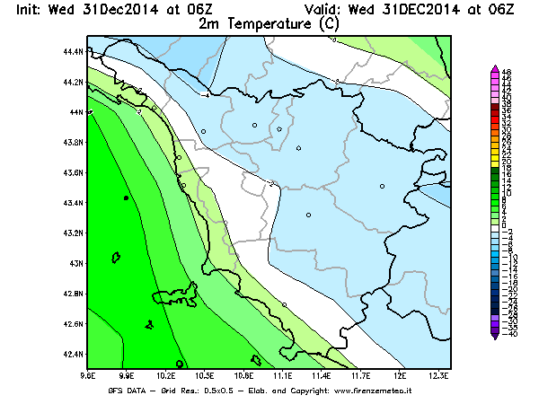 Mappa di analisi GFS - Temperatura a 2 metri dal suolo [°C] in Toscana
							del 31/12/2014 06 <!--googleoff: index-->UTC<!--googleon: index-->
