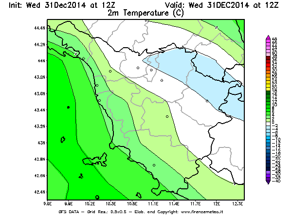 Mappa di analisi GFS - Temperatura a 2 metri dal suolo [°C] in Toscana
							del 31/12/2014 12 <!--googleoff: index-->UTC<!--googleon: index-->