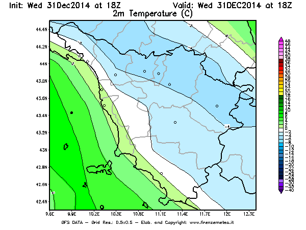 Mappa di analisi GFS - Temperatura a 2 metri dal suolo [°C] in Toscana
							del 31/12/2014 18 <!--googleoff: index-->UTC<!--googleon: index-->