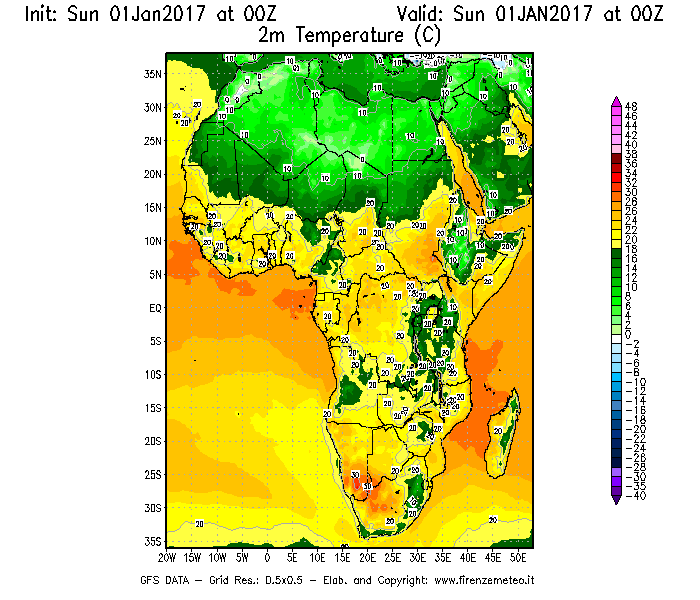 Mappa di analisi GFS - Temperatura a 2 metri dal suolo [°C] in Africa
							del 01/01/2017 00 <!--googleoff: index-->UTC<!--googleon: index-->