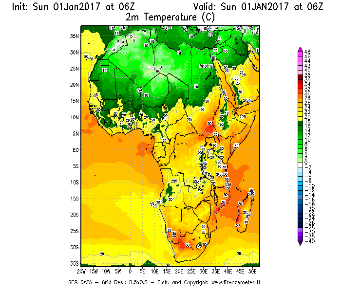 Mappa di analisi GFS - Temperatura a 2 metri dal suolo [°C] in Africa
							del 01/01/2017 06 <!--googleoff: index-->UTC<!--googleon: index-->