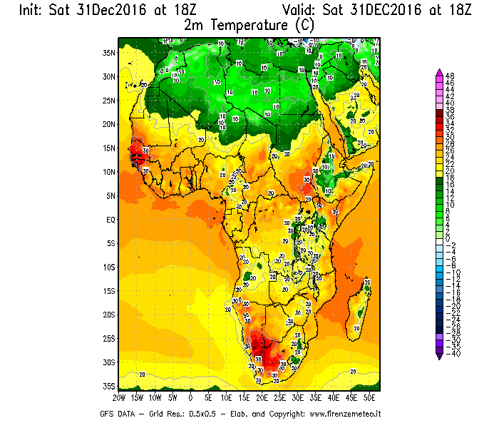Mappa di analisi GFS - Temperatura a 2 metri dal suolo [°C] in Africa
							del 01/01/2017 18 <!--googleoff: index-->UTC<!--googleon: index-->