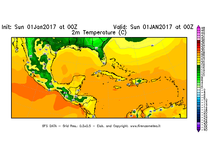 Mappa di analisi GFS - Temperatura a 2 metri dal suolo [°C] in Centro-America
							del 01/01/2017 00 <!--googleoff: index-->UTC<!--googleon: index-->