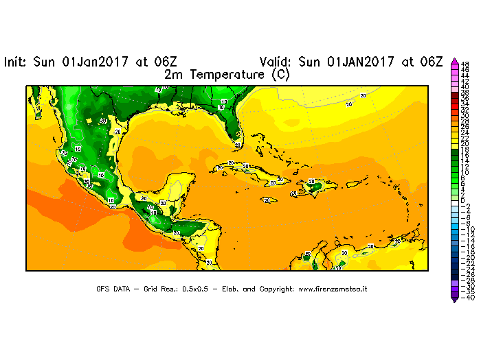 Mappa di analisi GFS - Temperatura a 2 metri dal suolo [°C] in Centro-America
							del 01/01/2017 06 <!--googleoff: index-->UTC<!--googleon: index-->