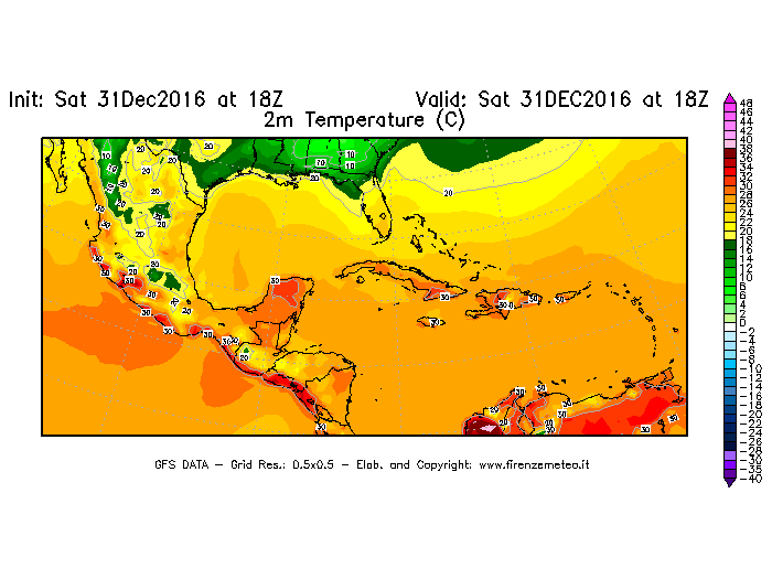Mappa di analisi GFS - Temperatura a 2 metri dal suolo [°C] in Centro-America
							del 01/01/2017 18 <!--googleoff: index-->UTC<!--googleon: index-->
