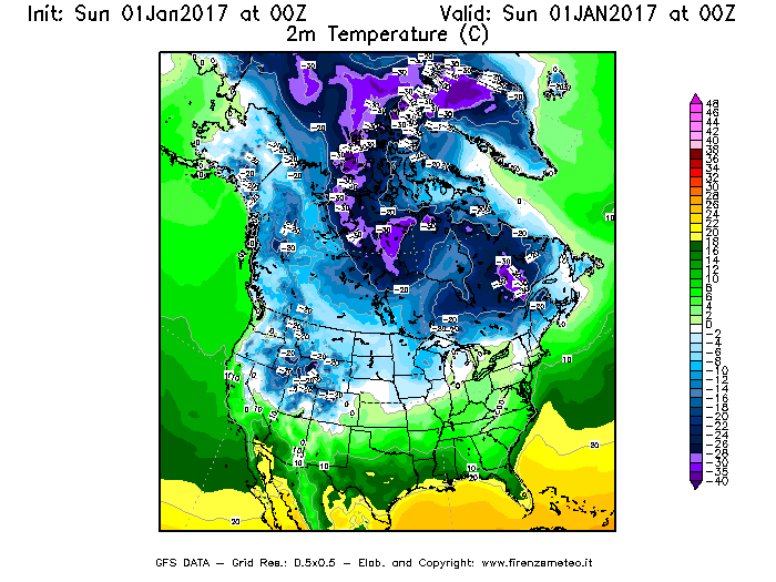 Mappa di analisi GFS - Temperatura a 2 metri dal suolo [°C] in Nord-America
							del 01/01/2017 00 <!--googleoff: index-->UTC<!--googleon: index-->
