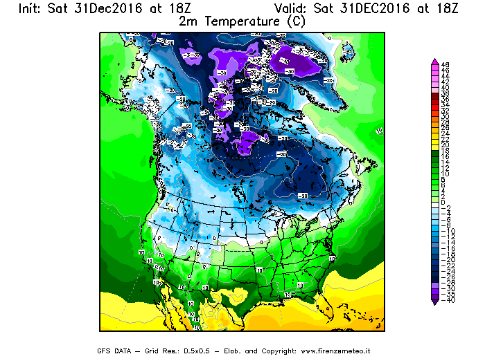 Mappa di analisi GFS - Temperatura a 2 metri dal suolo [°C] in Nord-America
							del 01/01/2017 18 <!--googleoff: index-->UTC<!--googleon: index-->