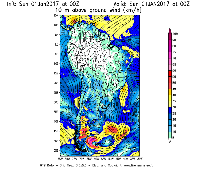 Mappa di analisi GFS - Velocità del vento a 10 metri dal suolo [km/h] in Sud-America
							del 01/01/2017 00 <!--googleoff: index-->UTC<!--googleon: index-->