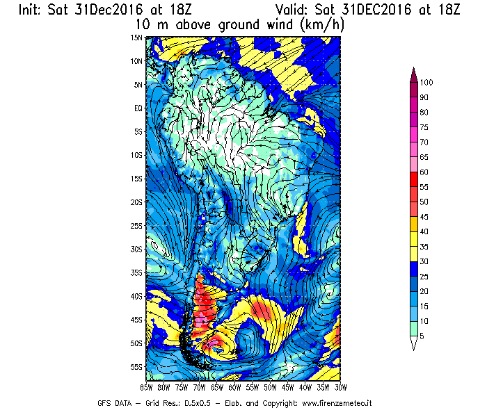 Mappa di analisi GFS - Velocità del vento a 10 metri dal suolo [km/h] in Sud-America
							del 01/01/2017 18 <!--googleoff: index-->UTC<!--googleon: index-->