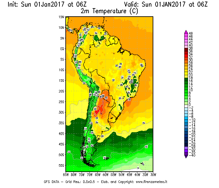 Mappa di analisi GFS - Temperatura a 2 metri dal suolo [°C] in Sud-America
							del 01/01/2017 06 <!--googleoff: index-->UTC<!--googleon: index-->