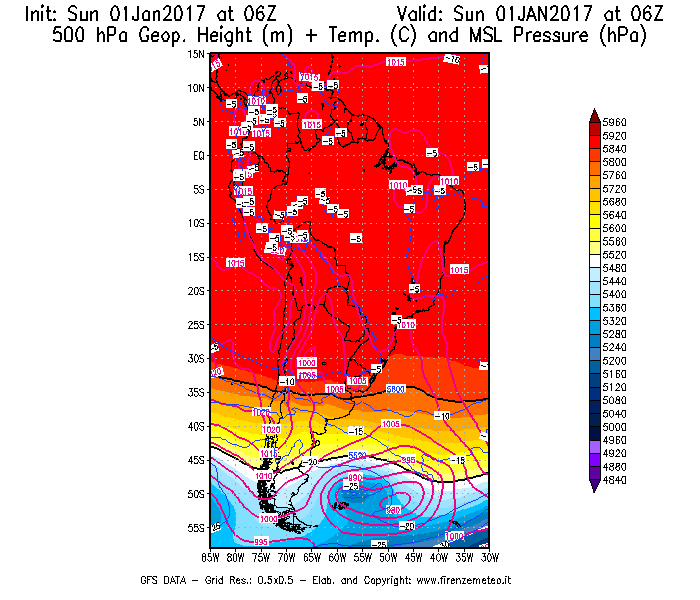 Mappa di analisi GFS - Geopotenziale [m] + Temp. [°C] a 500 hPa + Press. a livello del mare [hPa] in Sud-America
							del 01/01/2017 06 <!--googleoff: index-->UTC<!--googleon: index-->