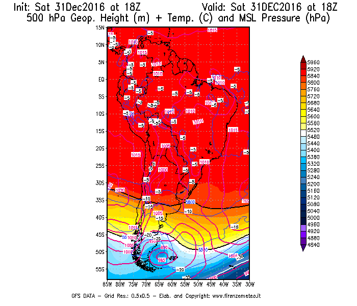 Mappa di analisi GFS - Geopotenziale [m] + Temp. [°C] a 500 hPa + Press. a livello del mare [hPa] in Sud-America
							del 01/01/2017 18 <!--googleoff: index-->UTC<!--googleon: index-->
