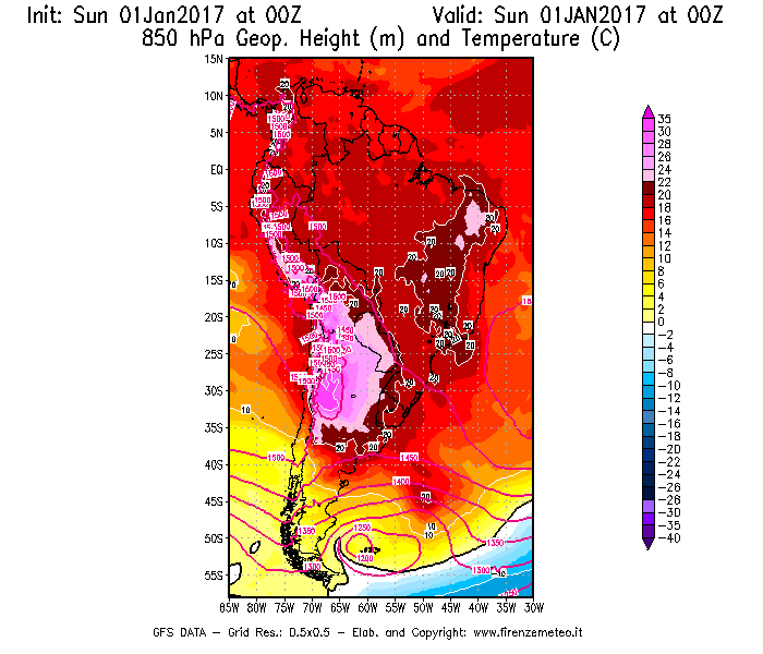 Mappa di analisi GFS - Geopotenziale [m] e Temperatura [°C] a 850 hPa in Sud-America
							del 01/01/2017 00 <!--googleoff: index-->UTC<!--googleon: index-->