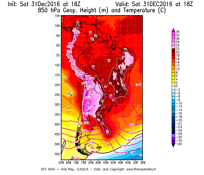 Mappa di analisi GFS - Geopotenziale [m] e Temperatura [°C] a 850 hPa in Sud-America
							del 01/01/2017 18 <!--googleoff: index-->UTC<!--googleon: index-->
