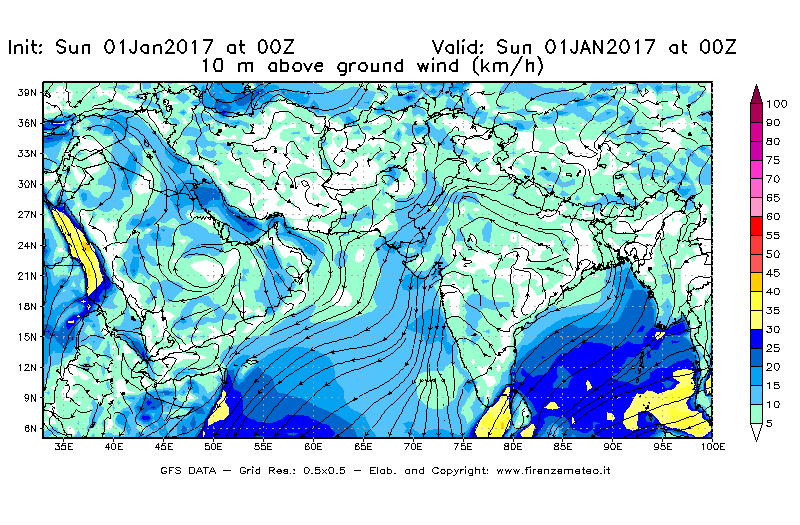 Mappa di analisi GFS - Velocità del vento a 10 metri dal suolo [km/h] in Asia Sud-Occidentale
							del 01/01/2017 00 <!--googleoff: index-->UTC<!--googleon: index-->