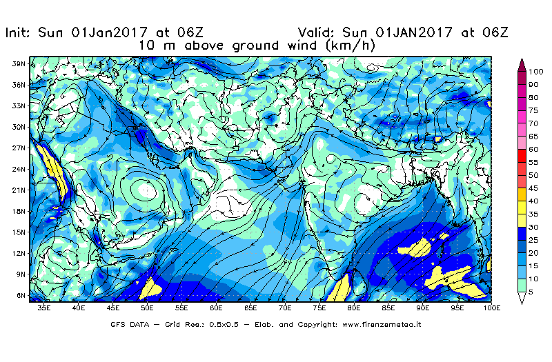 Mappa di analisi GFS - Velocità del vento a 10 metri dal suolo [km/h] in Asia Sud-Occidentale
							del 01/01/2017 06 <!--googleoff: index-->UTC<!--googleon: index-->