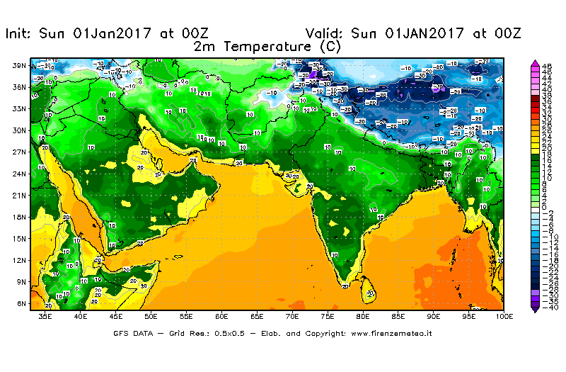 Mappa di analisi GFS - Temperatura a 2 metri dal suolo [°C] in Asia Sud-Occidentale
							del 01/01/2017 00 <!--googleoff: index-->UTC<!--googleon: index-->