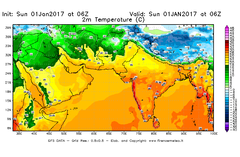 Mappa di analisi GFS - Temperatura a 2 metri dal suolo [°C] in Asia Sud-Occidentale
							del 01/01/2017 06 <!--googleoff: index-->UTC<!--googleon: index-->