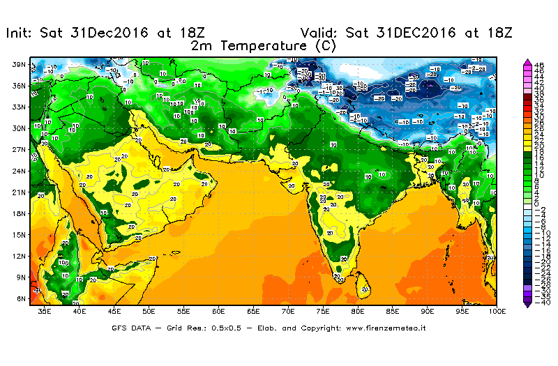 Mappa di analisi GFS - Temperatura a 2 metri dal suolo [°C] in Asia Sud-Occidentale
							del 01/01/2017 18 <!--googleoff: index-->UTC<!--googleon: index-->