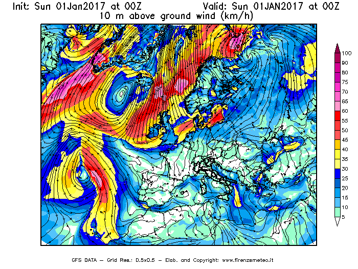 Mappa di analisi GFS - Velocità del vento a 10 metri dal suolo [km/h] in Europa
							del 01/01/2017 00 <!--googleoff: index-->UTC<!--googleon: index-->