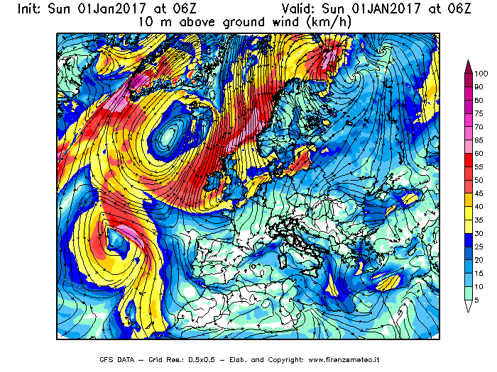 Mappa di analisi GFS - Velocità del vento a 10 metri dal suolo [km/h] in Europa
							del 01/01/2017 06 <!--googleoff: index-->UTC<!--googleon: index-->