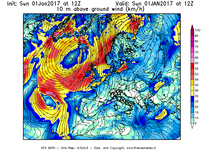 Mappa di analisi GFS - Velocità del vento a 10 metri dal suolo [km/h] in Europa
							del 01/01/2017 12 <!--googleoff: index-->UTC<!--googleon: index-->