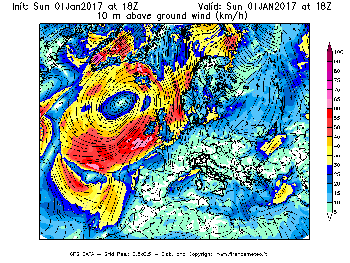 Mappa di analisi GFS - Velocità del vento a 10 metri dal suolo [km/h] in Europa
							del 01/01/2017 18 <!--googleoff: index-->UTC<!--googleon: index-->