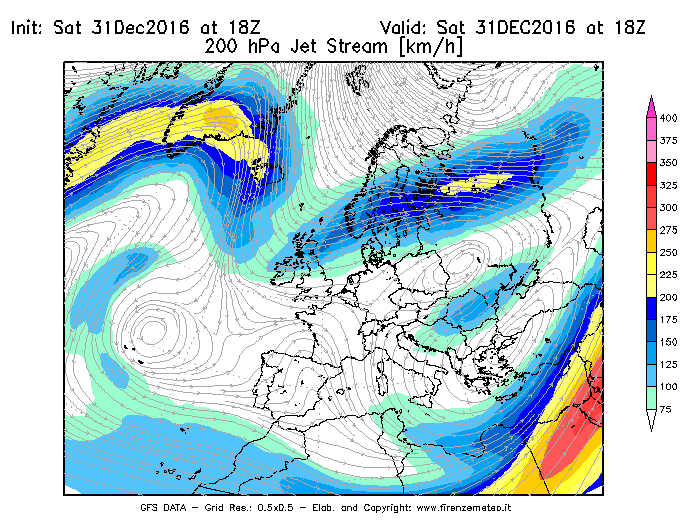 Mappa di analisi GFS - Jet Stream a 200 hPa in Europa
							del 01/01/2017 18 <!--googleoff: index-->UTC<!--googleon: index-->