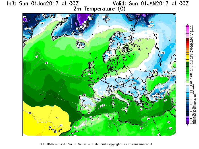 Mappa di analisi GFS - Temperatura a 2 metri dal suolo [°C] in Europa
							del 01/01/2017 00 <!--googleoff: index-->UTC<!--googleon: index-->