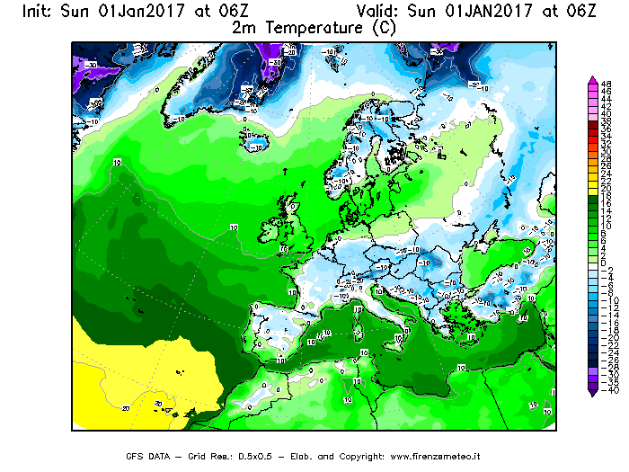 Mappa di analisi GFS - Temperatura a 2 metri dal suolo [°C] in Europa
							del 01/01/2017 06 <!--googleoff: index-->UTC<!--googleon: index-->