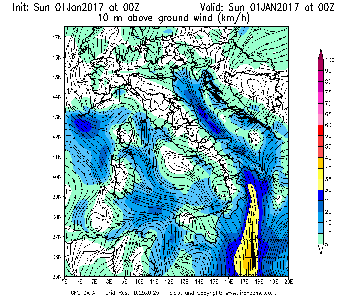Mappa di analisi GFS - Velocità del vento a 10 metri dal suolo [km/h] in Italia
							del 01/01/2017 00 <!--googleoff: index-->UTC<!--googleon: index-->