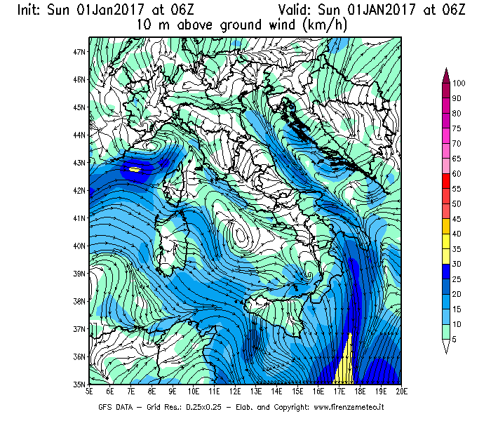 Mappa di analisi GFS - Velocità del vento a 10 metri dal suolo [km/h] in Italia
							del 01/01/2017 06 <!--googleoff: index-->UTC<!--googleon: index-->