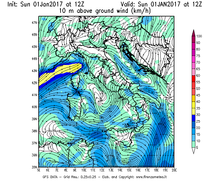 Mappa di analisi GFS - Velocità del vento a 10 metri dal suolo [km/h] in Italia
							del 01/01/2017 12 <!--googleoff: index-->UTC<!--googleon: index-->