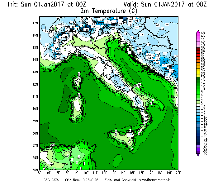 Mappa di analisi GFS - Temperatura a 2 metri dal suolo [°C] in Italia
							del 01/01/2017 00 <!--googleoff: index-->UTC<!--googleon: index-->