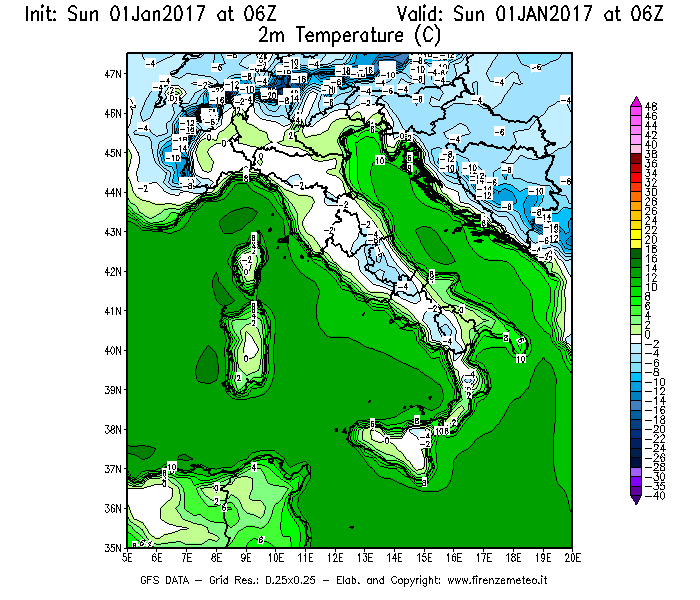 Mappa di analisi GFS - Temperatura a 2 metri dal suolo [°C] in Italia
							del 01/01/2017 06 <!--googleoff: index-->UTC<!--googleon: index-->