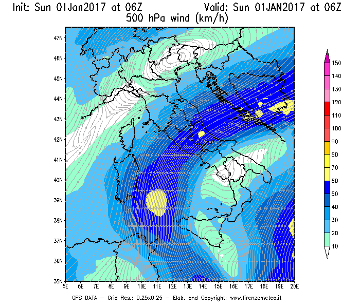 Mappa di analisi GFS - Velocità del vento a 500 hPa [km/h] in Italia
							del 01/01/2017 06 <!--googleoff: index-->UTC<!--googleon: index-->