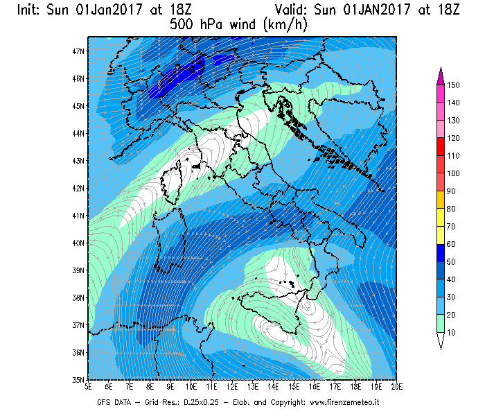 Mappa di analisi GFS - Velocità del vento a 500 hPa [km/h] in Italia
							del 01/01/2017 18 <!--googleoff: index-->UTC<!--googleon: index-->