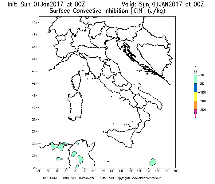 Mappa di analisi GFS - CIN [J/kg] in Italia
							del 01/01/2017 00 <!--googleoff: index-->UTC<!--googleon: index-->