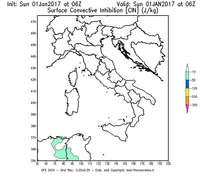Mappa di analisi GFS - CIN [J/kg] in Italia
							del 01/01/2017 06 <!--googleoff: index-->UTC<!--googleon: index-->