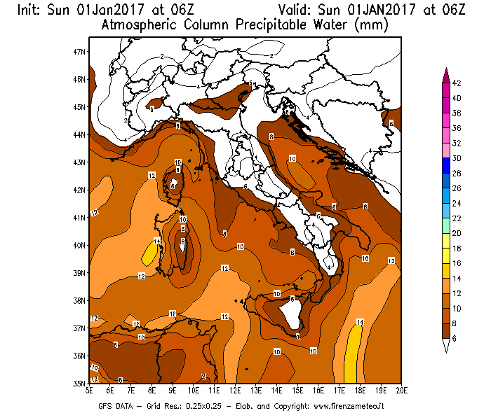 Mappa di analisi GFS - Precipitable Water [mm] in Italia
							del 01/01/2017 06 <!--googleoff: index-->UTC<!--googleon: index-->