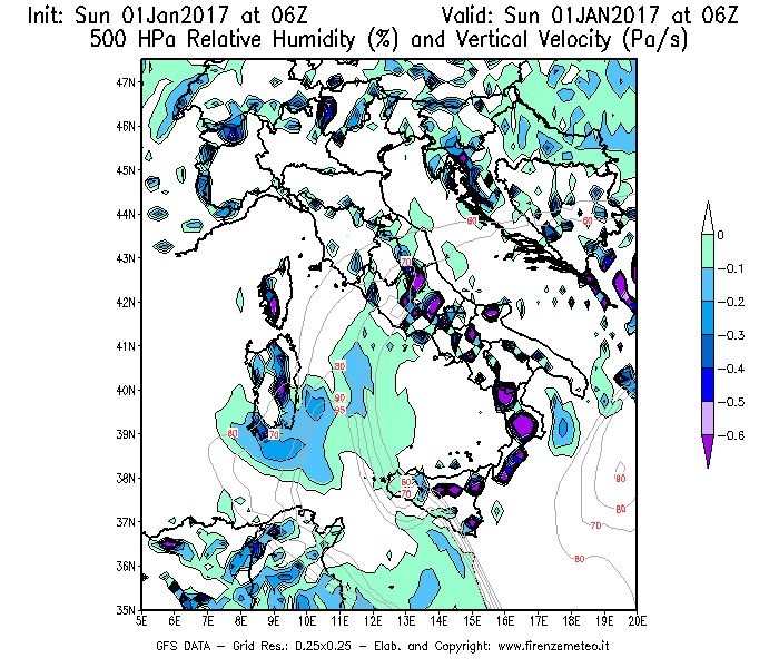 Mappa di analisi GFS - Umidità relativa [%] e Omega [Pa/s] a 500 hPa in Italia
							del 01/01/2017 06 <!--googleoff: index-->UTC<!--googleon: index-->