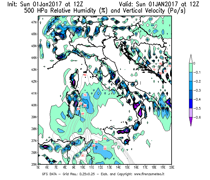 Mappa di analisi GFS - Umidità relativa [%] e Omega [Pa/s] a 500 hPa in Italia
							del 01/01/2017 12 <!--googleoff: index-->UTC<!--googleon: index-->