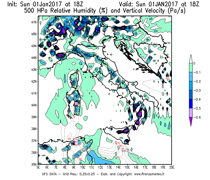 Mappa di analisi GFS - Umidità relativa [%] e Omega [Pa/s] a 500 hPa in Italia
							del 01/01/2017 18 <!--googleoff: index-->UTC<!--googleon: index-->