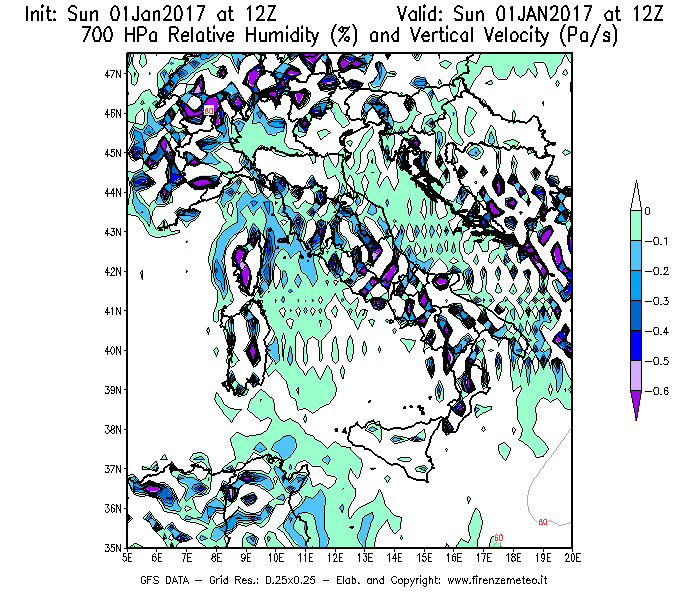 Mappa di analisi GFS - Umidità relativa [%] e Omega [Pa/s] a 700 hPa in Italia
							del 01/01/2017 12 <!--googleoff: index-->UTC<!--googleon: index-->