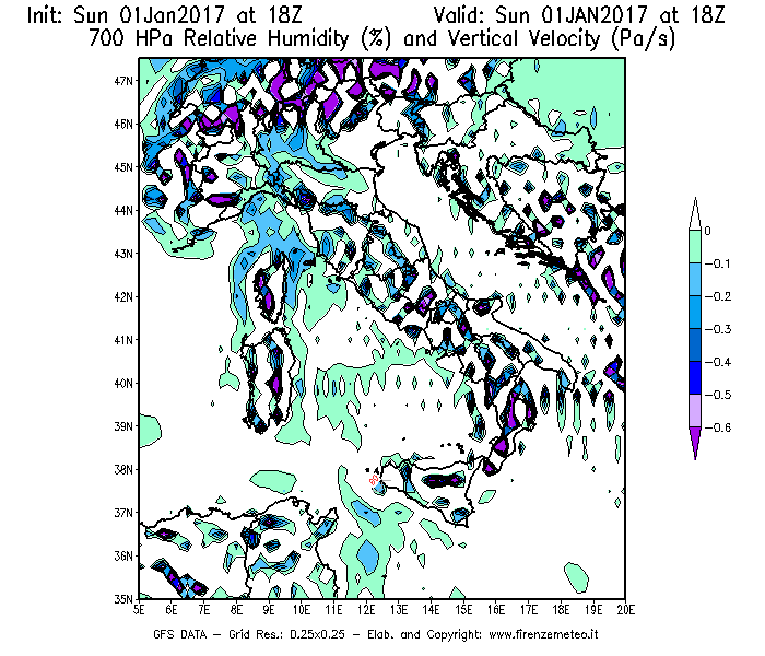 Mappa di analisi GFS - Umidità relativa [%] e Omega [Pa/s] a 700 hPa in Italia
							del 01/01/2017 18 <!--googleoff: index-->UTC<!--googleon: index-->