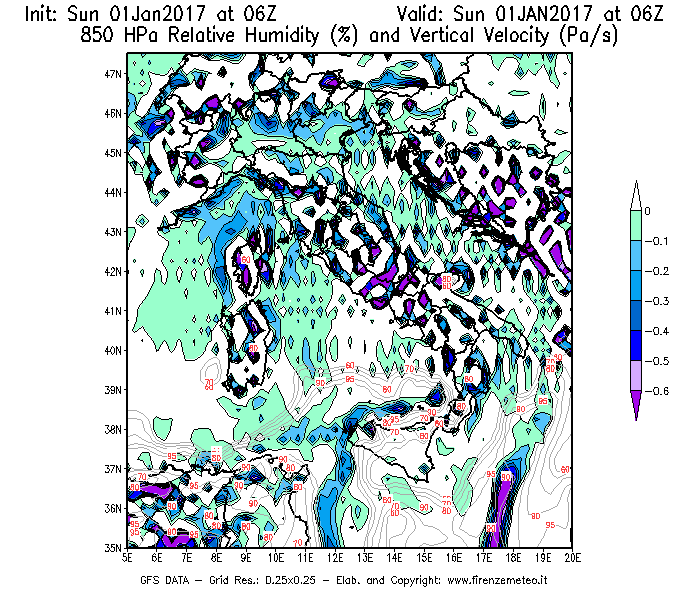 Mappa di analisi GFS - Umidità relativa [%] e Omega [Pa/s] a 850 hPa in Italia
							del 01/01/2017 06 <!--googleoff: index-->UTC<!--googleon: index-->