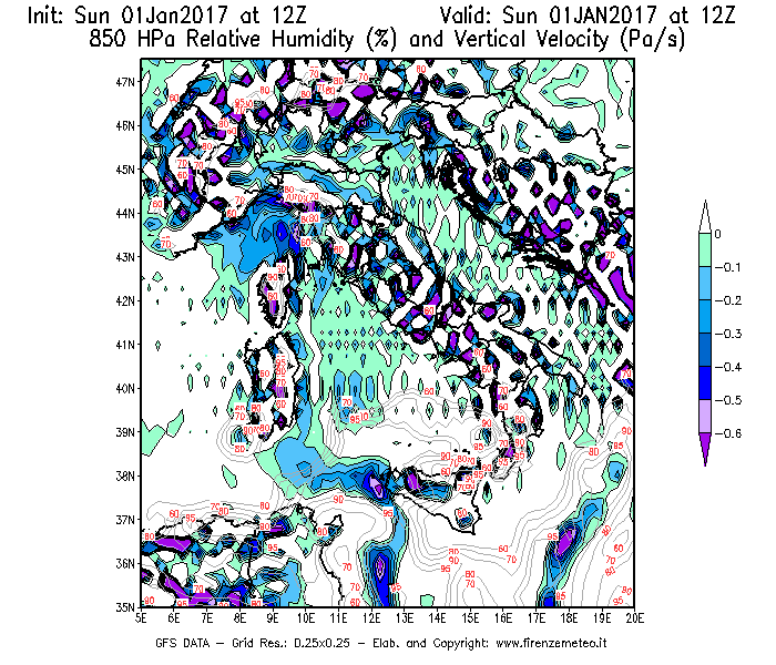 Mappa di analisi GFS - Umidità relativa [%] e Omega [Pa/s] a 850 hPa in Italia
							del 01/01/2017 12 <!--googleoff: index-->UTC<!--googleon: index-->