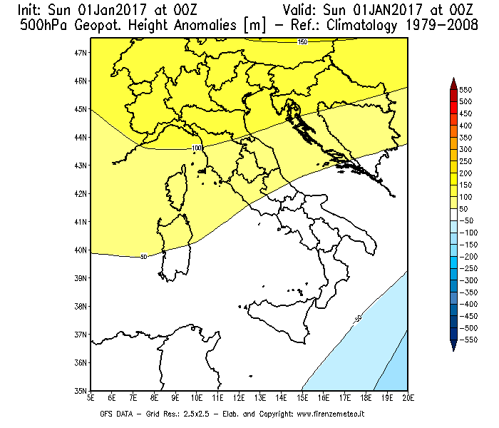 Mappa di analisi GFS - Anomalia di Geopotenziale a 500 hPa in Italia
							del 01/01/2017 00 <!--googleoff: index-->UTC<!--googleon: index-->
